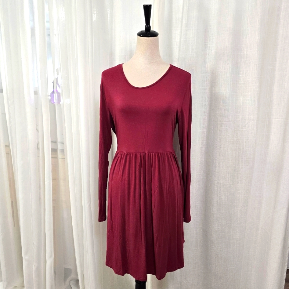 2/$30 Longyan Burgundy Fit & Flare Dress Size XL Long Sleeve Fall Dress